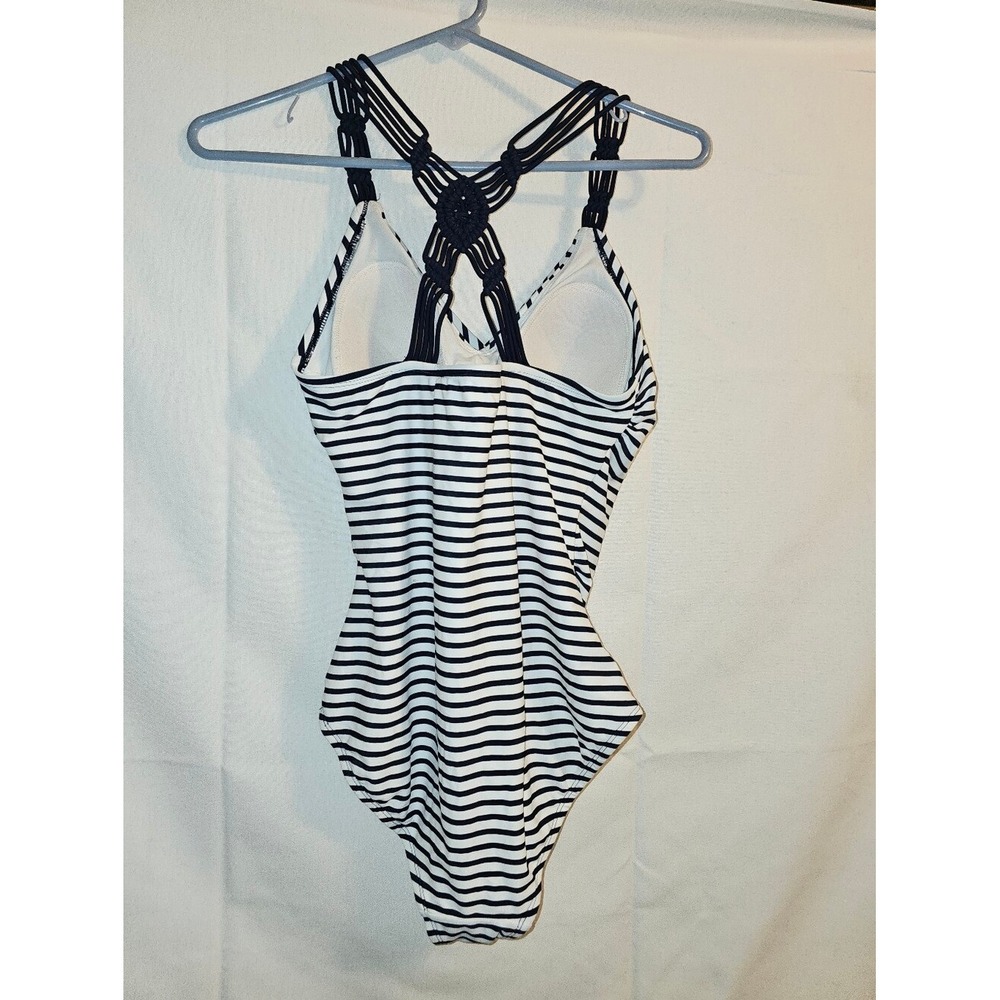 Konal Sol Women's Shirred Macrame Strap One Piece Swimsuit Size M White/Blu Good - Picture 8 of 9
